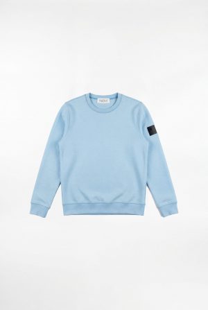 Blaues SNØVIT Sweatshirt Deep Horizon, Vorderansicht, gerippter Rundhalsausschnitt.