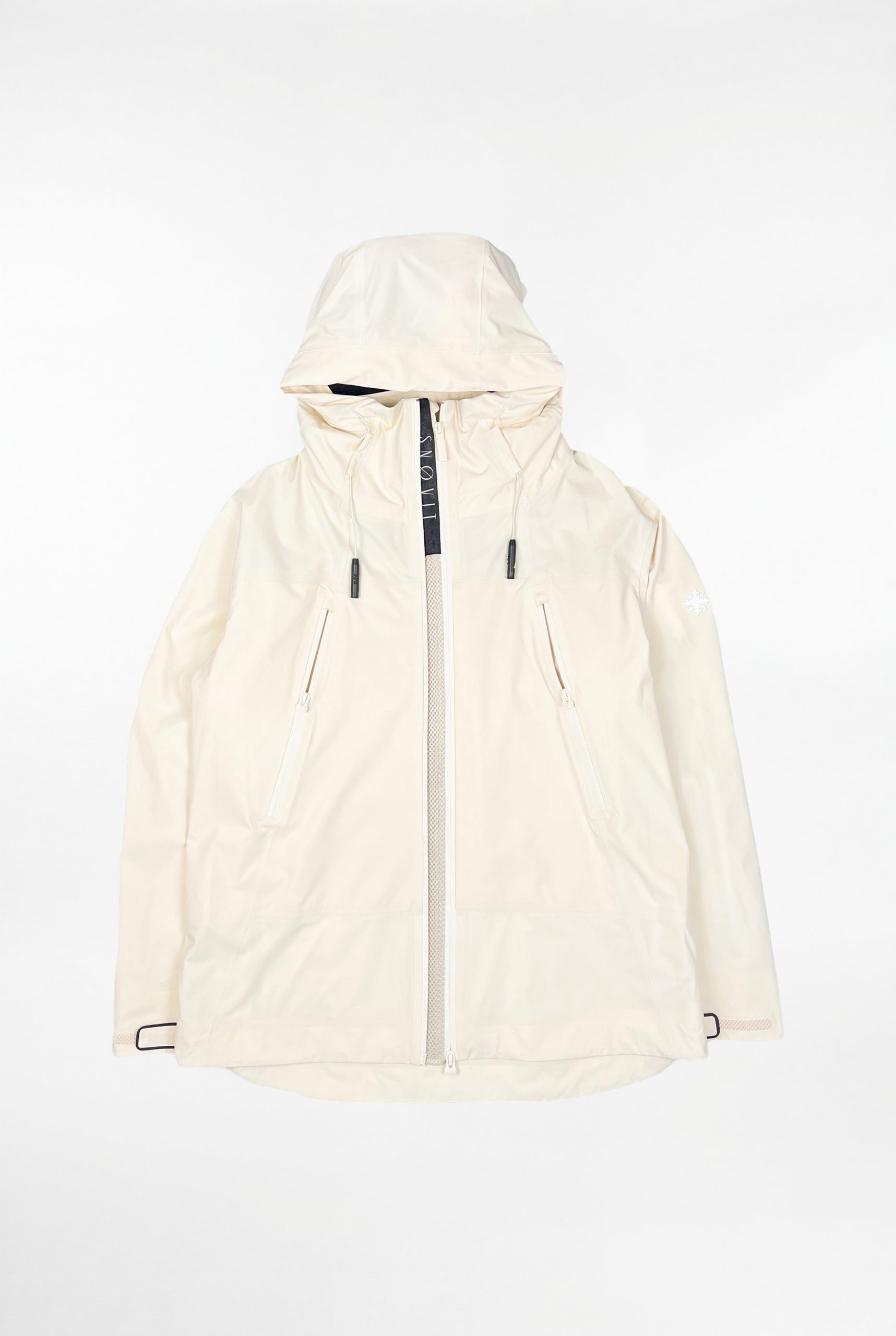 Beige SNØVIT Moonlighter X Outdoor-Jacke mit zwei Belüftungszippern vorne, aus robustem Nylon, wasserabweisend und winddicht.