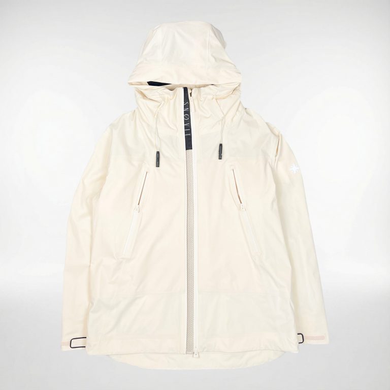 Beige SNØVIT Moonlighter X Outdoor-Jacke mit zwei Belüftungszippern vorne, aus robustem Nylon, wasserabweisend und winddicht.