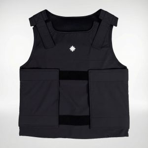 Vorderansicht der DEFENX PRO VANTA Stichschutzweste in Schwarz – SNØVIT Schutzweste.