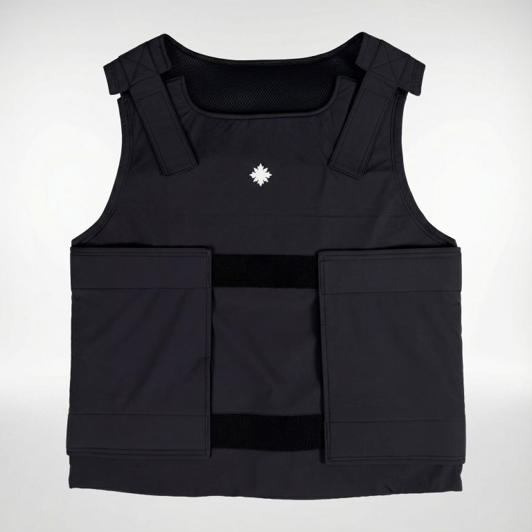 Vorderansicht der DEFENX PRO VANTA Stichschutzweste in Schwarz – SNØVIT Schutzweste.