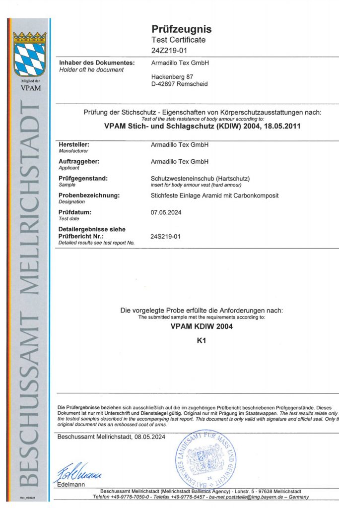 VPAM Sicherheitszertifikat aus Deutschland für geprüfte Schutzwesten und Schutzsysteme.