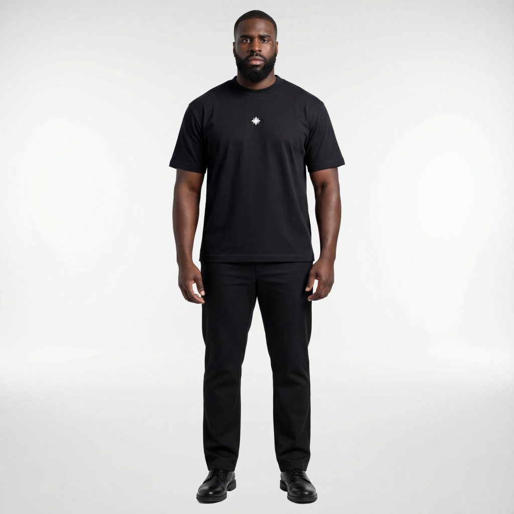 Model trägt schwarzes SNØVIT Eclipse T-Shirt im Produktstudio – minimalistisches Design, 100 % Baumwolle, moderne Passform, zeitloses Basic.