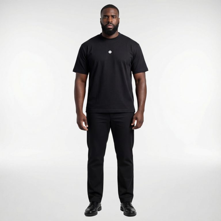 Model trägt schwarzes SNØVIT Eclipse T-Shirt im Produktstudio – minimalistisches Design, 100 % Baumwolle, moderne Passform, zeitloses Basic.