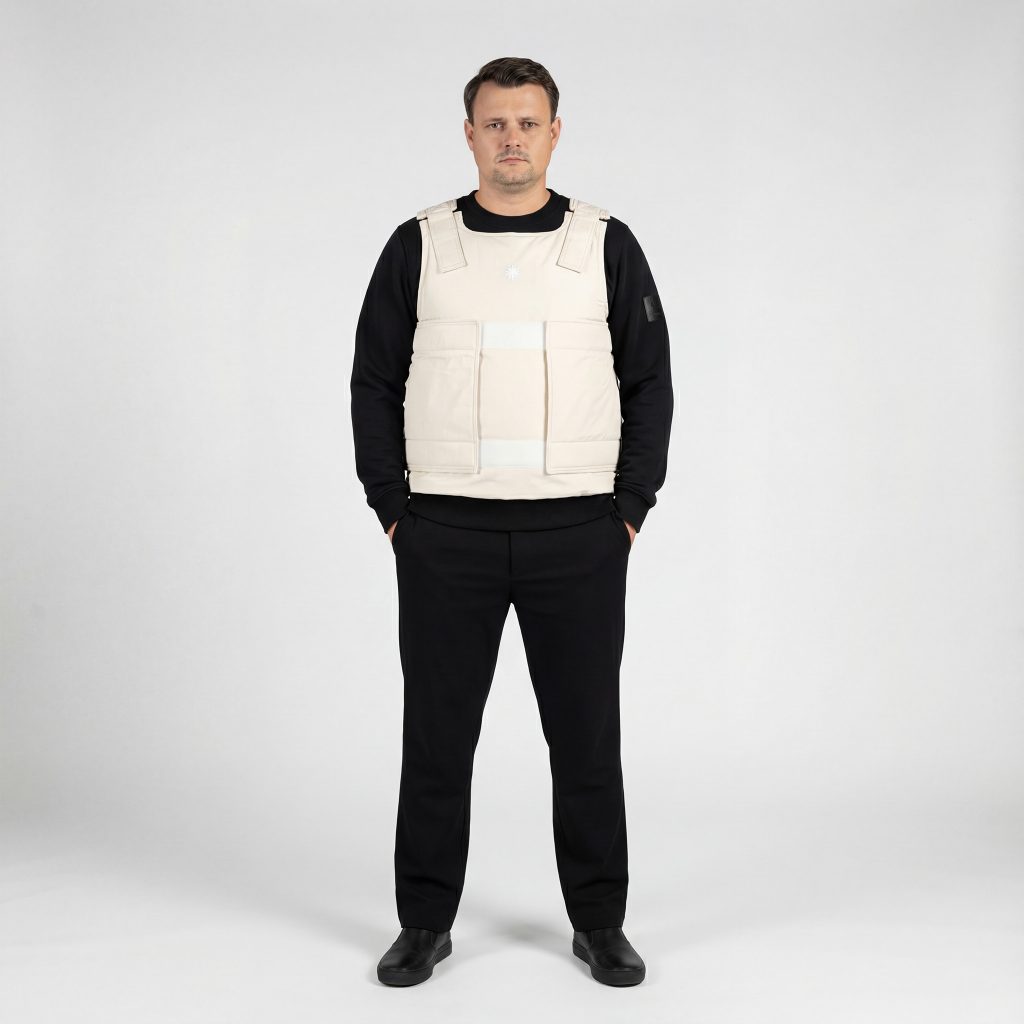 Model trägt beige Defenx pro Weste mit VPAM zertifizierten Panelen innen und schaut geradeaus.