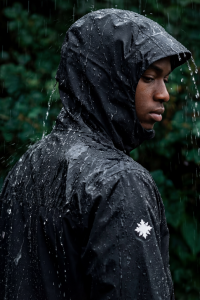 Schwarze SNØVIT Outdoor Jacket Nithya Nøva X mit Kapuze, Frontansicht, funktionales Design.